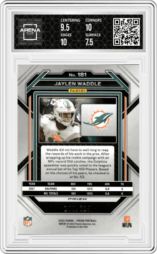 Jaylen Waddle from the 2022 Panini Prizm set featuring a Purple Ice parallel graded by Arena Club and given an overall grade of 8.