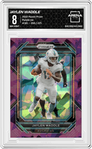 Jaylen Waddle from the 2022 Panini Prizm set featuring a Purple Ice parallel graded by Arena Club and given an overall grade of 8.