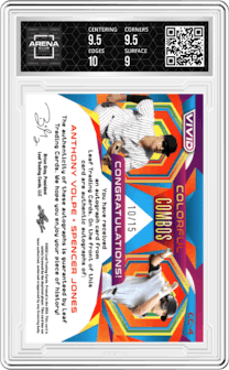 Anthony Volpe/Spencer Jones from the 2022 Leaf Vivid set featuring a Green parallel graded by Arena Club and given an overall grade of 9.5.