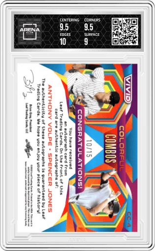 Anthony Volpe/Spencer Jones from the 2022 Leaf Vivid set featuring a Green parallel graded by Arena Club and given an overall grade of 9.5.