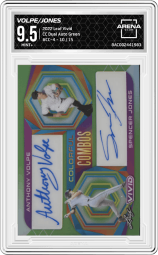 Anthony Volpe/Spencer Jones from the 2022 Leaf Vivid set featuring a Green parallel graded by Arena Club and given an overall grade of 9.5.