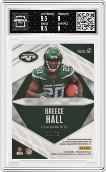 Breece Hall from the 2022 Panini Phoenix set graded by Arena Club and given an overall grade of 9.5.