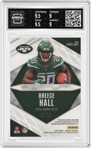 Breece Hall from the 2022 Panini Phoenix set graded by Arena Club and given an overall grade of 9.5.