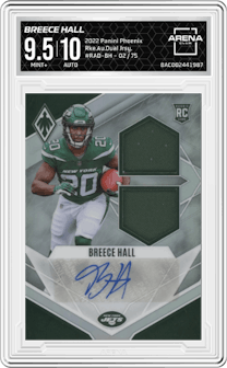 Breece Hall from the 2022 Panini Phoenix set graded by Arena Club and given an overall grade of 9.5.
