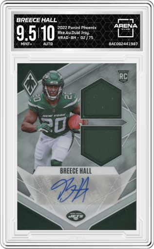 Breece Hall from the 2022 Panini Phoenix set graded by Arena Club and given an overall grade of 9.5.