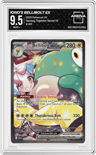 Iono's Bellibolt ex from the 2025 Pokemon SV set graded by Arena Club and given an overall grade of 9.5.