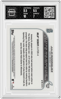 Julio Rodriguez from the 2022 Topps Chrome Update set featuring a Purple Refractor parallel graded by Arena Club and given an overall grade of 7.5.