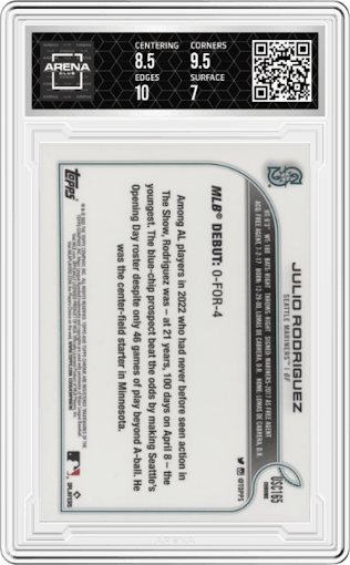 Julio Rodriguez from the 2022 Topps Chrome Update set featuring a Purple Refractor parallel graded by Arena Club and given an overall grade of 7.5.
