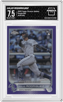 Julio Rodriguez from the 2022 Topps Chrome Update set featuring a Purple Refractor parallel graded by Arena Club and given an overall grade of 7.5.