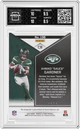 Ahmad "Sauce" Gardner from the 2022 Panini Rookies & Stars set graded by Arena Club and given an overall grade of 9.