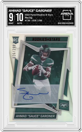 Ahmad "Sauce" Gardner from the 2022 Panini Rookies & Stars set graded by Arena Club and given an overall grade of 9.