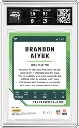Brandon Aiyuk from the 2024 Donruss Optic set featuring a Pink Velocity parallel graded by Arena Club and given an overall grade of 8.
