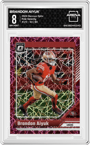 Brandon Aiyuk from the 2024 Donruss Optic set featuring a Pink Velocity parallel graded by Arena Club and given an overall grade of 8.