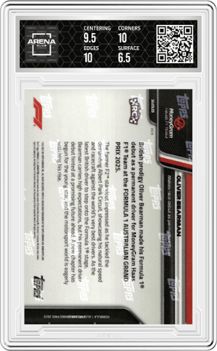 Oliver Bearman from the 2025 Topps Now Formula 1 set graded by Arena Club and given an overall grade of 7.