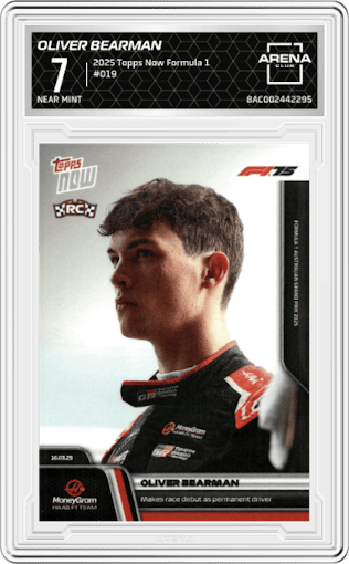Oliver Bearman from the 2025 Topps Now Formula 1 set graded by Arena Club and given an overall grade of 7.