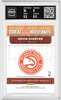 Kevin Huerter from the 2018-19 Panini NBA Hoops  set graded by Arena Club and given an overall grade of 9.5.