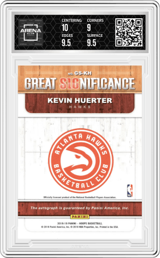 Kevin Huerter from the 2018-19 Panini NBA Hoops  set graded by Arena Club and given an overall grade of 9.5.