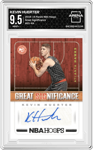 Kevin Huerter from the 2018-19 Panini NBA Hoops  set graded by Arena Club and given an overall grade of 9.5.