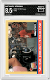 Michael Jordan from the 1990-91 NBA Hoops set graded by Arena Club and given an overall grade of 8.5.