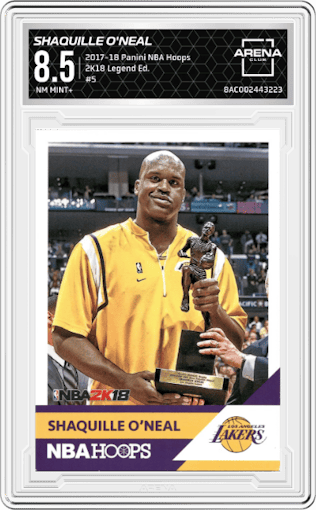 Shaquille O'Neal from the 2017-18 Panini NBA Hoops set graded by Arena Club and given an overall grade of 8.5.