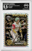 Jackson Merrill from the 2024 Topps Chrome Update set featuring a X-Fractor parallel graded by Arena Club and given an overall grade of 9.5.