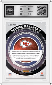 Patrick Mahomes II from the 2024 Donruss set graded by Arena Club and given an overall grade of 10.