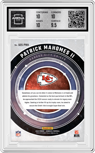 Patrick Mahomes II from the 2024 Donruss set graded by Arena Club and given an overall grade of 10.