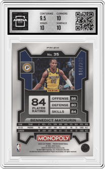 Bennedict Mathurin from the 2023-24 Panini Prizm Monopoly set featuring a Brown parallel graded by Arena Club and given an overall grade of 10.