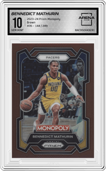 Bennedict Mathurin from the 2023-24 Panini Prizm Monopoly set featuring a Brown parallel graded by Arena Club and given an overall grade of 10.