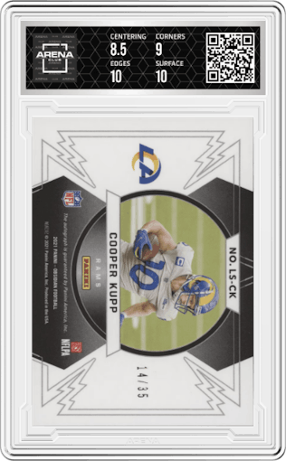 Cooper Kupp from the 2021 Panini Obsidian set featuring a Electric Etch Green parallel graded by Arena Club and given an overall grade of 9.