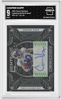 Cooper Kupp from the 2021 Panini Obsidian set featuring a Electric Etch Green parallel and given an overall grade of 9.