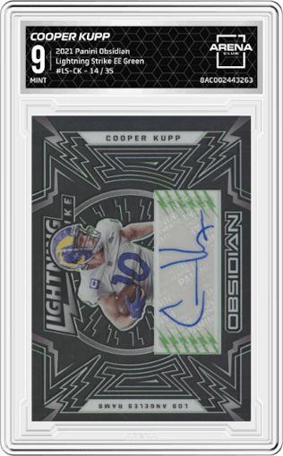 Cooper Kupp from the 2021 Panini Obsidian set featuring a Electric Etch Green parallel graded by Arena Club and given an overall grade of 9.
