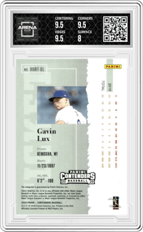 Gavin Lux from the 2020 Panini Contenders set featuring a Ticket Draft Blue parallel graded by Arena Club and given an overall grade of 8.5.