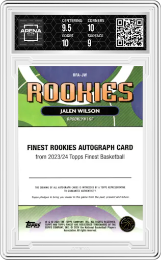 Jalen Wilson from the 2023-24 Finest set featuring a Superfractor parallel graded by Arena Club and given an overall grade of 9.5.