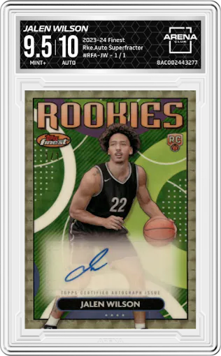 Jalen Wilson from the 2023-24 Finest set featuring a Superfractor parallel graded by Arena Club and given an overall grade of 9.5.