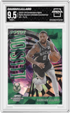 Damian Lillard from the 2023-24 Panini Contenders Optic set featuring a International Jade Cracked Ice parallel graded by Arena Club and given an overall grade of 9.5.