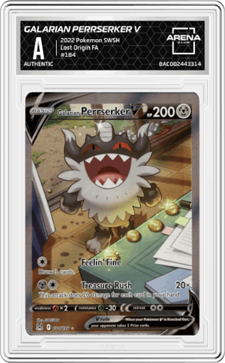 Galarian Perrserker V from the 2022 Pokemon SWSH set graded by Arena Club.