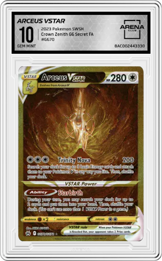 Arceus VSTAR from the 2023 Pokemon SWSH set graded by Arena Club and given an overall grade of 10.