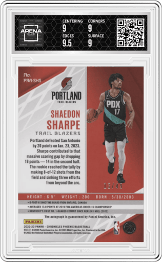 Shaedon Sharpe from the 2022-23 Panini Chronicles  set featuring a Purple parallel graded by Arena Club and given an overall grade of 9.