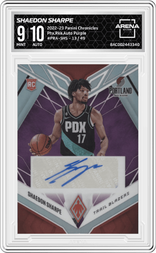 Shaedon Sharpe from the 2022-23 Panini Chronicles  set featuring a Purple parallel graded by Arena Club and given an overall grade of 9.