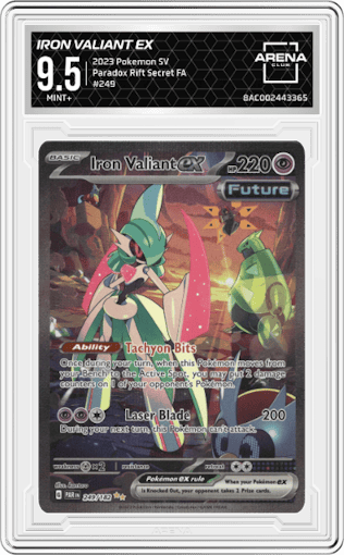 Iron Valiant ex from the 2023 Pokemon SV set graded by Arena Club and given an overall grade of 9.5.