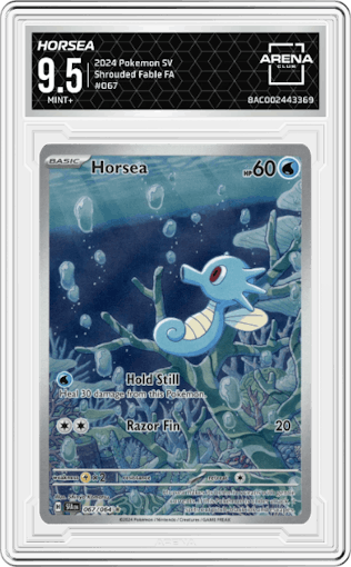 Horsea from the 2024 Pokemon SV set graded by Arena Club and given an overall grade of 9.5.