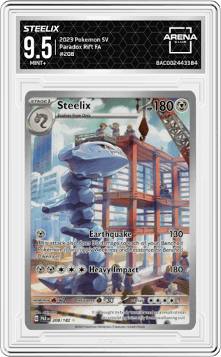 Steelix from the 2023 Pokemon SV set graded by Arena Club and given an overall grade of 9.5.