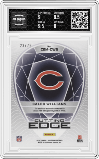 Caleb Williams from the 2024 Panini Obsidian set featuring a Red parallel graded by Arena Club and given an overall grade of 8.5.