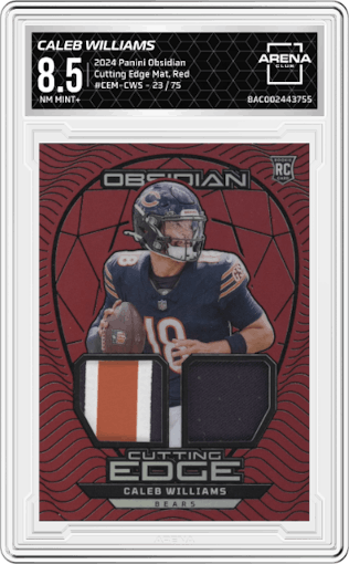 Caleb Williams from the 2024 Panini Obsidian set featuring a Red parallel graded by Arena Club and given an overall grade of 8.5.