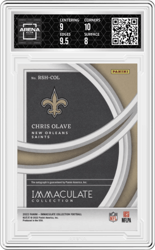Chris Olave from the 2022 Panini Immaculate Collection set graded by Arena Club and given an overall grade of 8.5.
