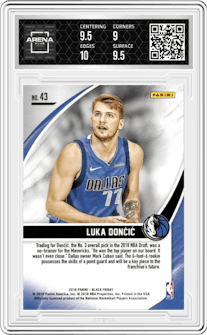 Luka Doncic  from the 2018 Panini Black Friday set graded by Arena Club and given an overall grade of 9.5.