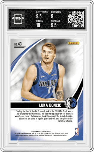 Luka Doncic  from the 2018 Panini Black Friday set graded by Arena Club and given an overall grade of 9.5.