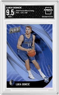 Luka Doncic  from the 2018 Panini Black Friday set graded by Arena Club and given an overall grade of 9.5.