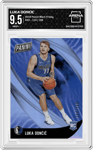 Luka Doncic  from the 2018 Panini Black Friday set graded by Arena Club and given an overall grade of 9.5.